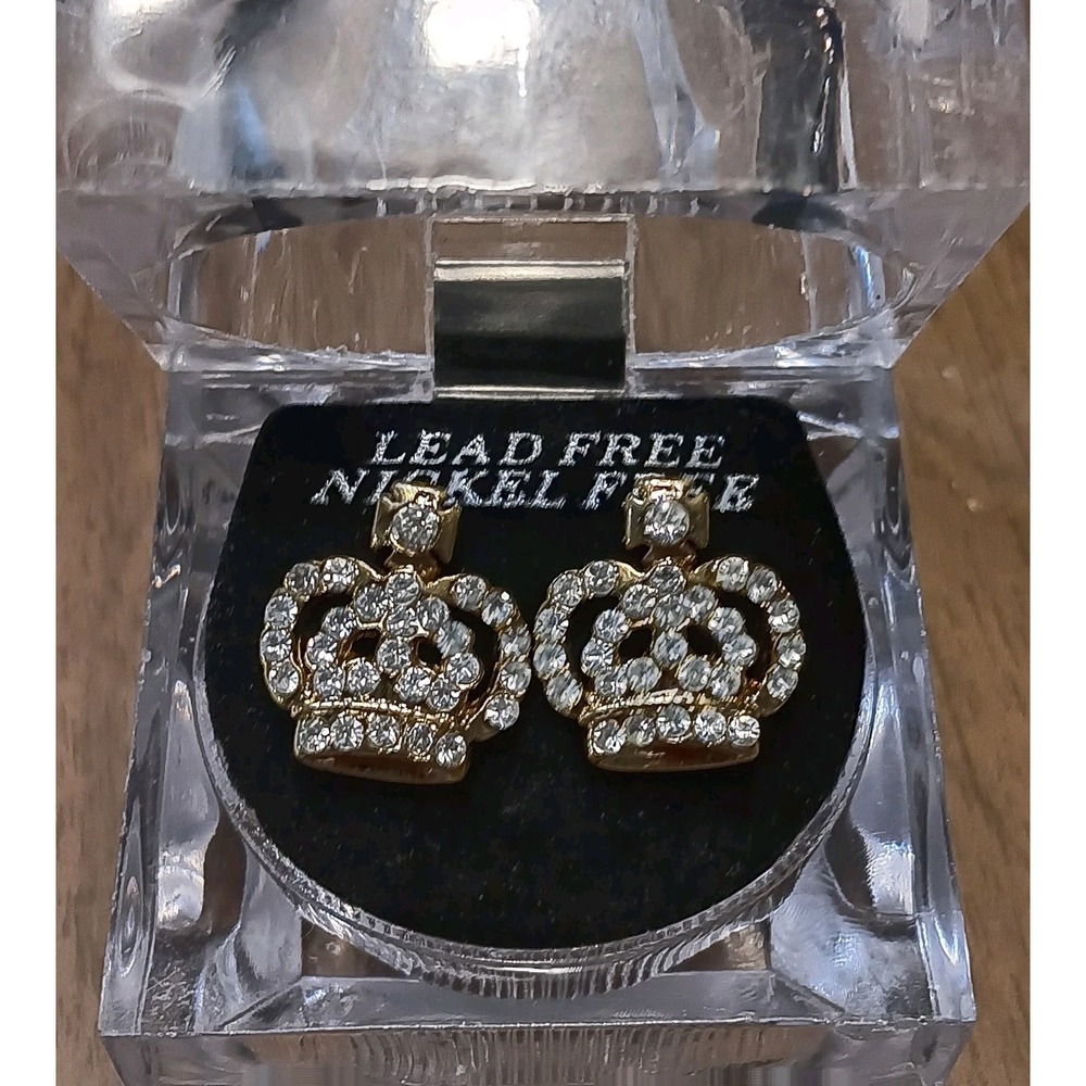 - Gold Tone-‎ Regal Crown / Rhinestone Earrings- New In Box- Nice Classic- Gift